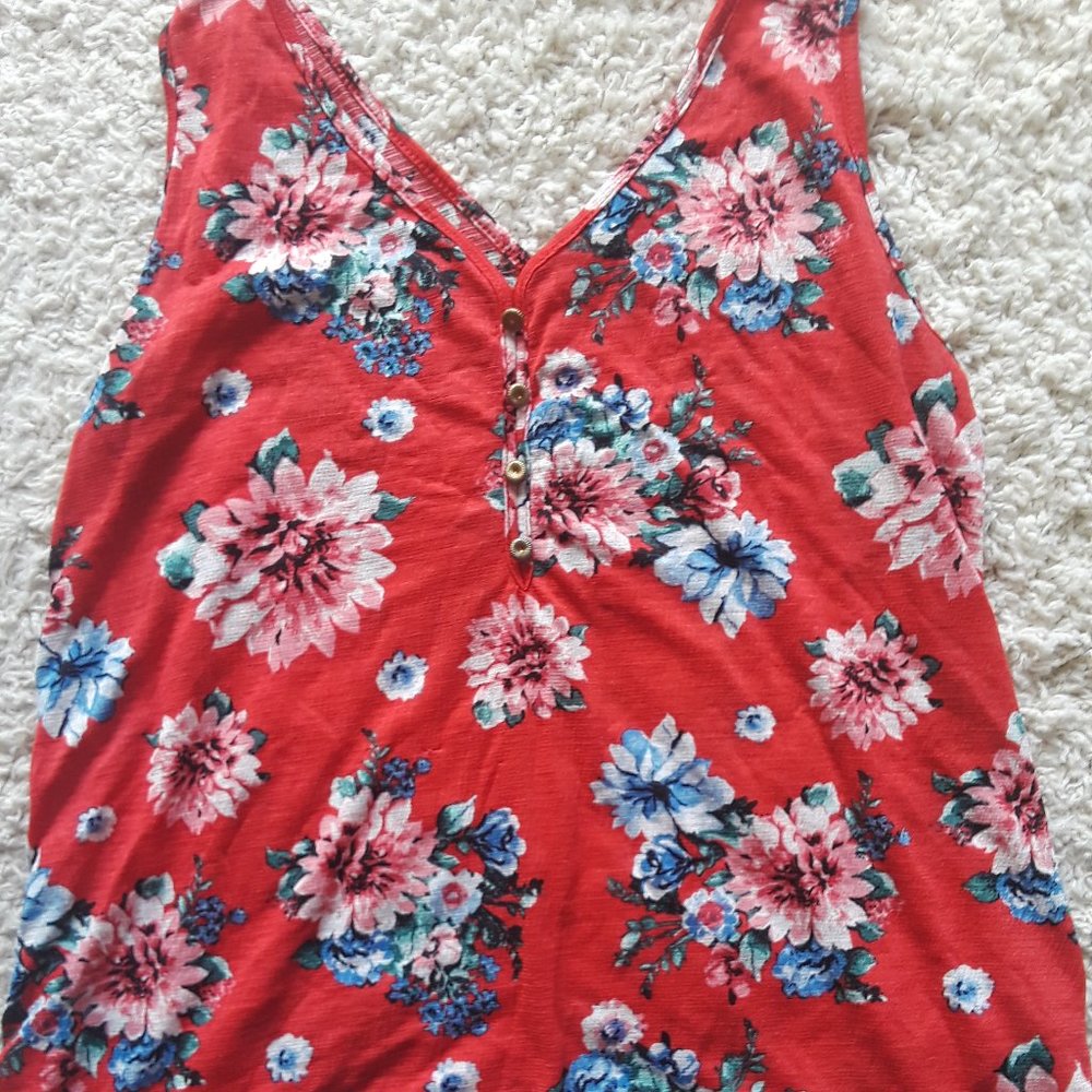 Red Floral Polyester Small Tank Top